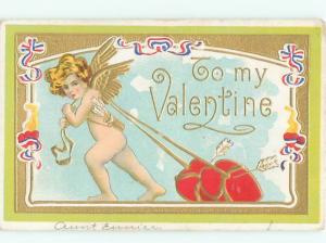 Pre-Linen Valentine CUPID PULLING HEARTS ALONG THE GROUND AB3162