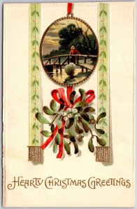 Hearty Christmas Greetings Green Leaves Woman In Winter Bridge Postcard