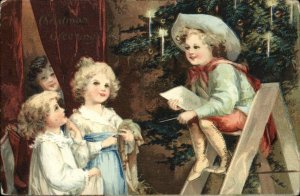 CHRISTMAS Cute Little Boy and Girls Antique Postcard