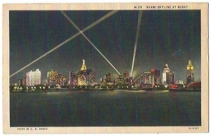 Vintage Linen Postcard Night Scene Miami Skyline at Night  amazing colors