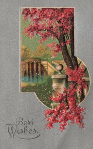 Best Wishes Greetings Bridge River Scene Beautiful Trees, Vintage Postcard