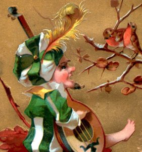 1880s Embossed Victorian Christmas Card Fairy Elf Playing Lute Fantasy P115