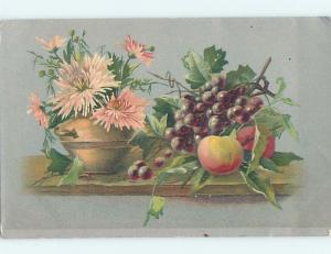 Pre-Linen art nouveau FRUIT BESIDES FLOWERS IN ANTIQUE POTTERY VASE HJ3517