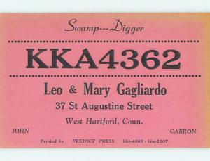 Vintage Qsl Ham Radio Card West Hartford Connecticut CT t1735