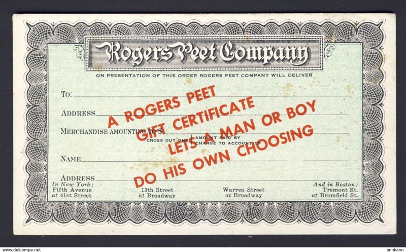 Rogers Peet Company - makers of fine clothes Fashion - Gift Certificate BLOTTER