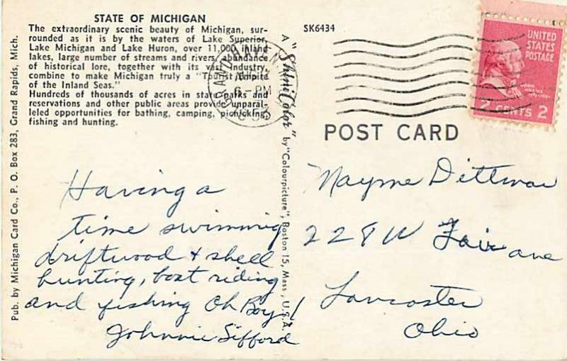 Michigan MI Map Card 1953