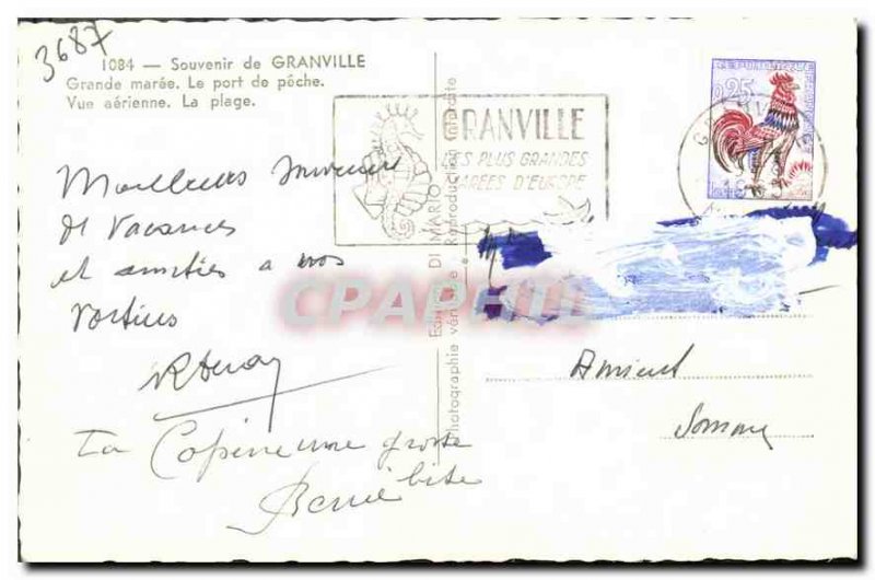 Old Postcard Remembrance Granville High tide the fishing port Aerial view Beach