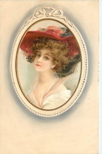 Meissner & Buch Postcard, Lovely Lady in Red Hat Portrait, Embossed Vignette
