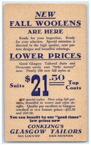 1931 New Fall Woolens Lower Prices $21.50 Top Coats Des Moines Iowa IA Postcard