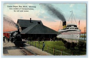 1917 Union Depot Soo Michigan Two Modes Transportation By Rail Water Postcard