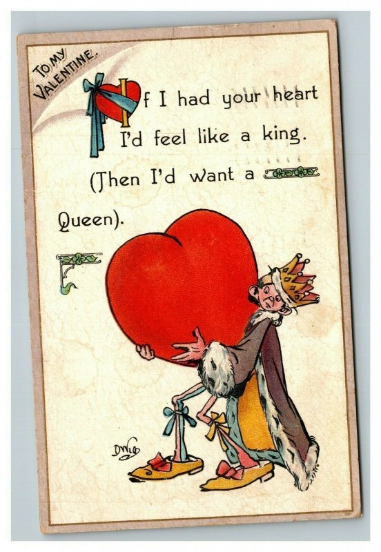 Vintage 1914 Valentines Postcard King Carries his Heart for his Queen