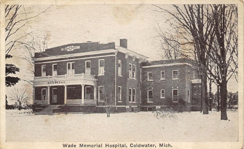 Coldwater Michigan~Wade Memorial Hospital in Snow~Bare Trees~c1915 Sepia PC 