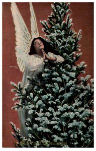 Vintage Christmas Angel Praying by Snowy Tree  Postcard