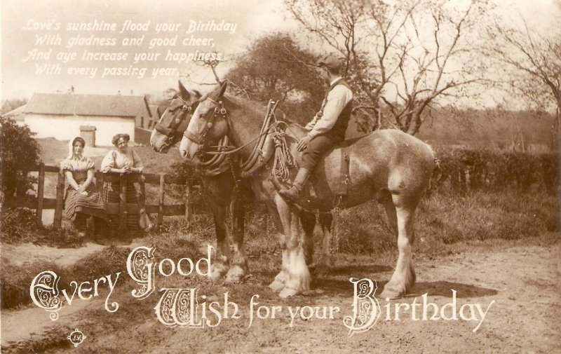 People. Meetimng with horses. Birthday Greetings  Nice old vintag...