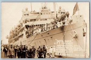 Hampton Roads VA Postcard RPPC Photo Devil Dogs USS Marines Arriving Naval Base