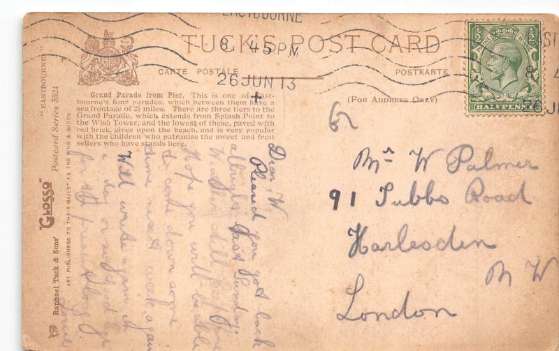 B126 England 1913 Grand Parade from Pier Eastbourne Boats vintage postcard