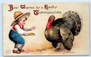 HAPPY THANKSGIVING ~ Boy Feeds TURKEY unsigned CLAPSADDLE c1910s  Postcard