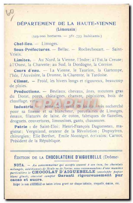 Old Postcard geographical maps of Chocolaterie & # 39Aiguebelle Haute Vienne ...