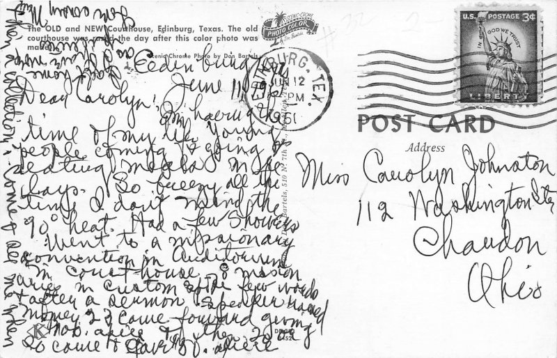 Edinburg Texas 1961 Postcard Old & New Courthouse