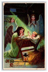 Nativity Scene Angels Baby Jesus Merry Christmas 1914 DB Postcard W7