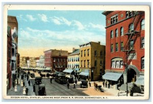 c1920 Edison Hotel State St. Looking West R.R. Bridge Rail Schenectady Postcard