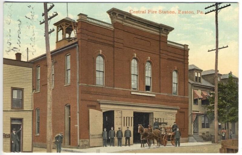 Easton PA Central Fire Station Horse Drawn Wagon Firefighters Postcard