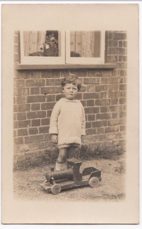 Social History, Portrait of Young Boy With Toy Steam Train RP PPC, c 1920s