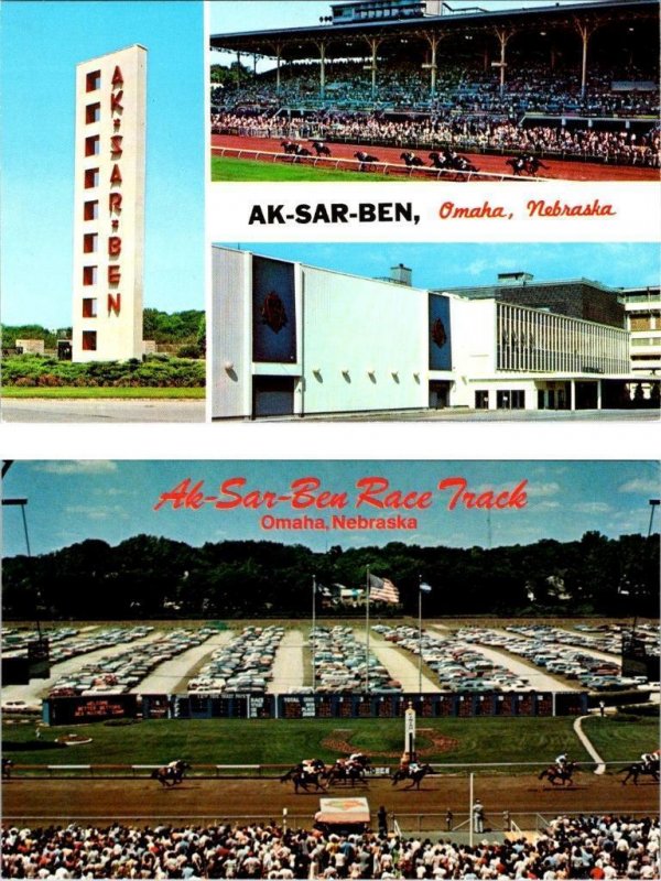 2~Postcards Omaha, NE Nebraska  AK-SAR-BEN RACE TRACK  Horse Racing~Sign~Stands