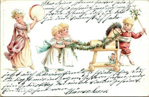 Children, wooden horse, Dancing Tambourine Christmasgarland, Druck & Kutzner