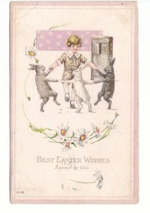 Best Easter Wishes - Child Dancing With Rabbits - Vintage 1919 Embossed Postcard