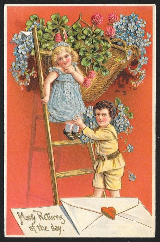 Many Returns Of The Day Girl On & Boy At Ladder & Violets Used c1910s