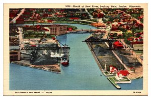 Vintage Aerial Mouth of Root River, Looking West, Racine, WI Postcard