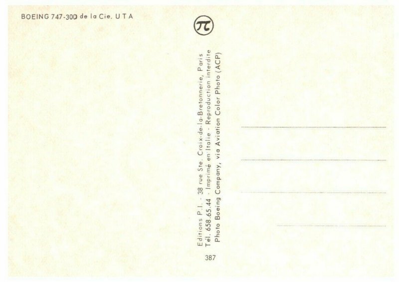 UTA Boeing 747 300 Airplane Postcard
