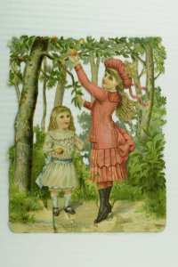 1880's-90's Large Victorian Die-Cut Adorable Girls Picking Apples Woods *P