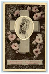 c1910's  Easter Greetings Silver Cross Girl Flowers Head Basket Chicks Postcard 
