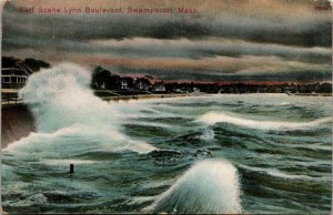 Surf Scene at Lynn Boulevard, Swampscott MA Vintage Postcard R69