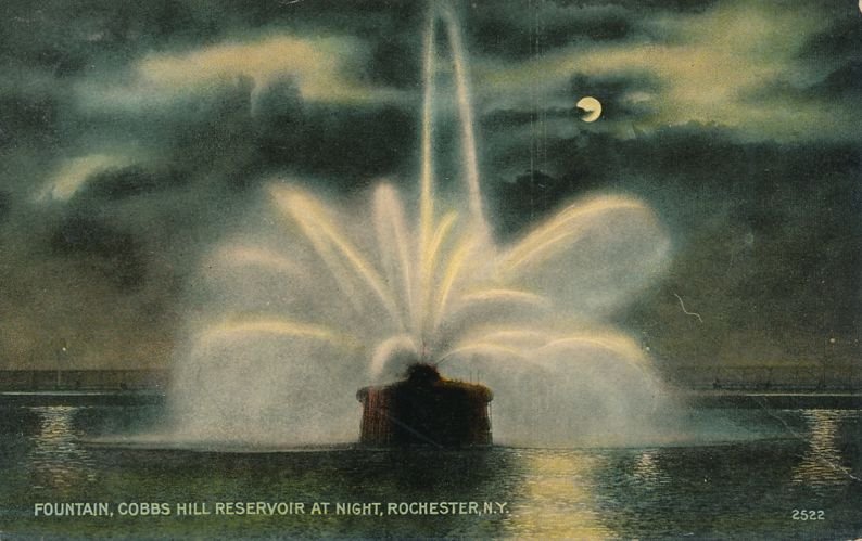 Moon over Fountain at Cobbs Hill Reservoir Rochester NY New York - pm 1912 - DB