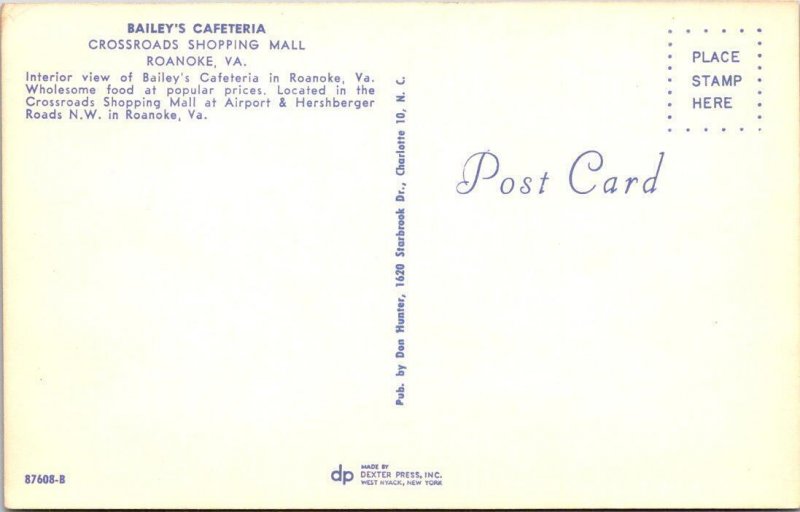 Roanoke VA Virginia BAILEY'S CAFETERIACrossroad Shopping Mall ROADSIDE