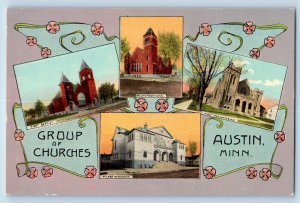Austin Minnesota Postcard Group Churches Multiview Exterior 1910 Vintage Antique