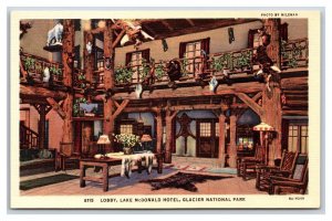 Lake McDonald Hotel Lobby Glacier National Park Montana  UNP Linen Postcard S8