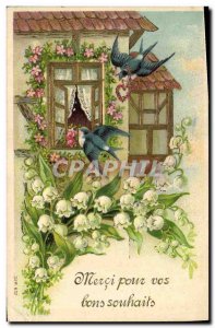 Old Postcard Fantasy Flowers Lily of the valley Swallows