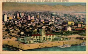 USA Downtown San Diego Civic Center California Linen Postcard 08.70