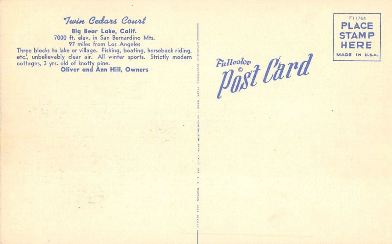 Big Bear Lake, CA TWIN CEDARS COURT Roadside 1940s Linen Vintage Postcard