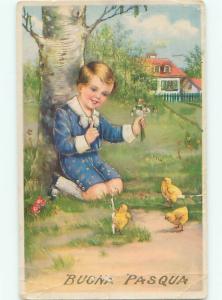 foreign Old Postcard EASTER CHICKS & EUROPEAN BOY AT EASTER AC2535