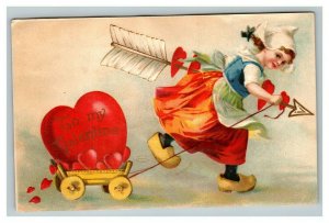 Vintage 1911 International Art Valentines Postcard Girl Wagon Heart Giant Arrow