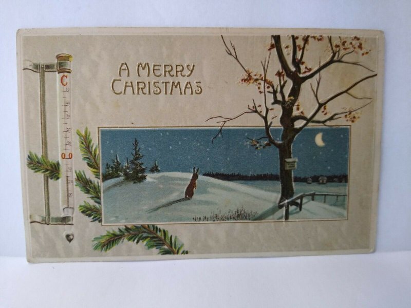 Christmas Postcard Bunny Rabbit In Snow Crescent Moon Thermometer Embossed Card 