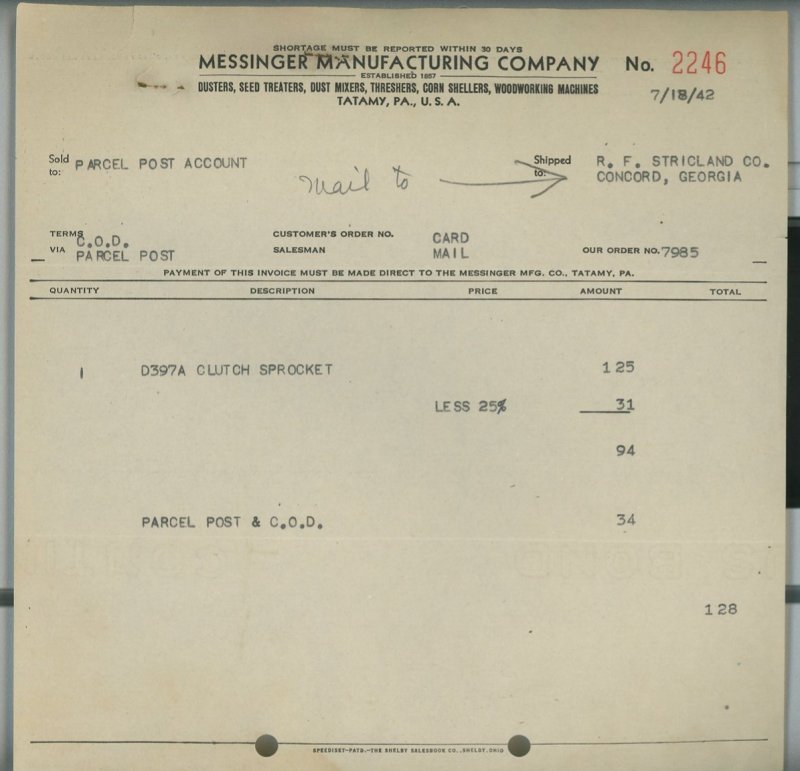 1942 Messinger Manufacturing Company Tatamy PA Invoice Clutch Sprocket 168 