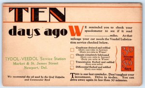 1920-30's NEWPORT DELAWARE TYDOL-VEEDOL SERVICE STATION LAST REMINDER POSTCARD