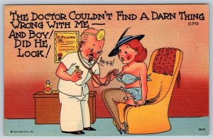 Doctor Couldn’t Find A Darn Thing Wrong Boy Did He Look! 1945 Comic Postcard NOS