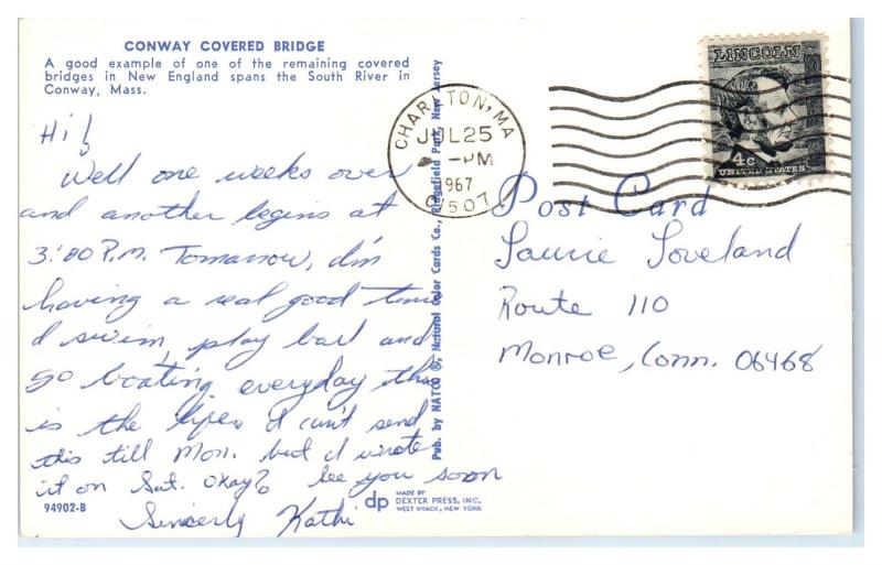 1967 Conway Covered Bridge, Conway, MA Postcard